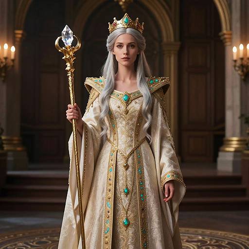 Digital art of a pale-skinned, silver-haired queen in an ornate gold and turquoise regal gown, holding a crystal-topped scepter,
