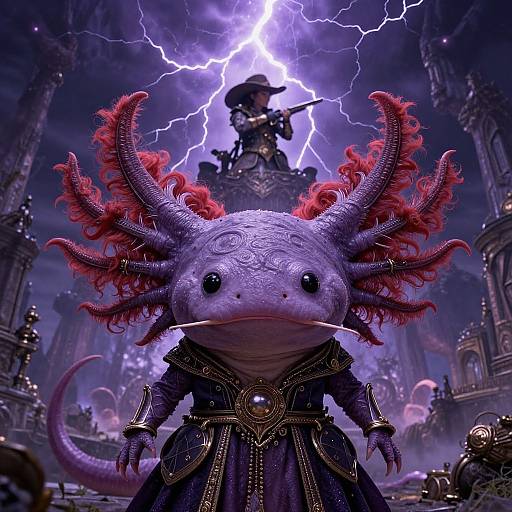 Fantasy digital artwork: A purple-scaled, red-feathered lizard creature with large eyes and whiskers stands in a dramatic, lightning-filled cathedral