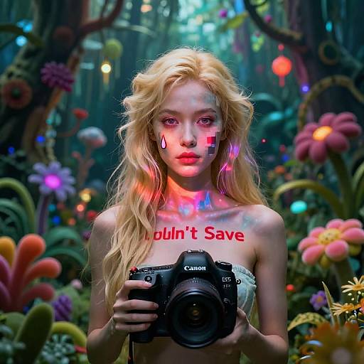 Digital artwork of a blonde woman with glowing face markings, holding a Canon camera in a vibrant, neon-lit, fantasy forest. Text on her chest