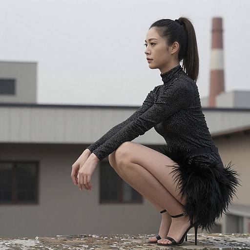 Sparkling Black Outfit Rooftop Portrait