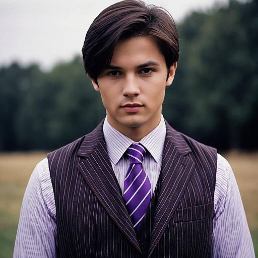 Young Man in Formal Purple Outfit Outdoors