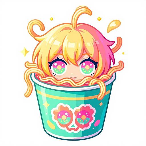 Chibi-style digital drawing of a blonde anime girl with vibrant pink and green eyes, floating in a teal flower-patterned cup.