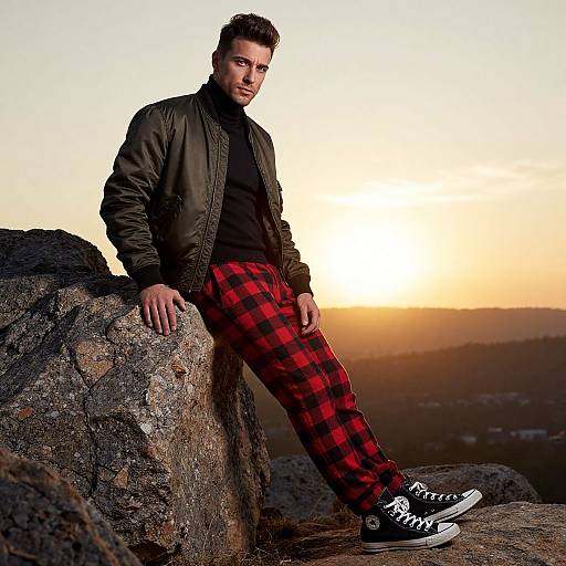 Confident Man in Plaid at Sunset