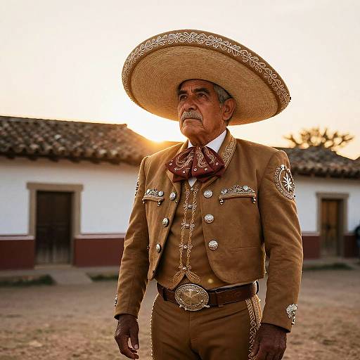 Mexican Charro Man in Traditional Outfit at Sunset