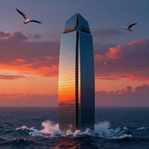 Photograph of a tall, glass skyscraper emerging from the ocean at sunset, surrounded by flying seagulls, with vibrant orange and purple sky.