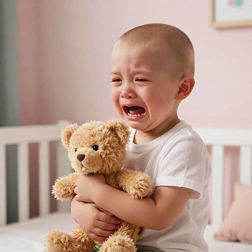 Emotional Bald Child with Teddy Bear