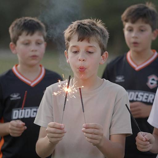 Focused Boy with Sparklers in Background