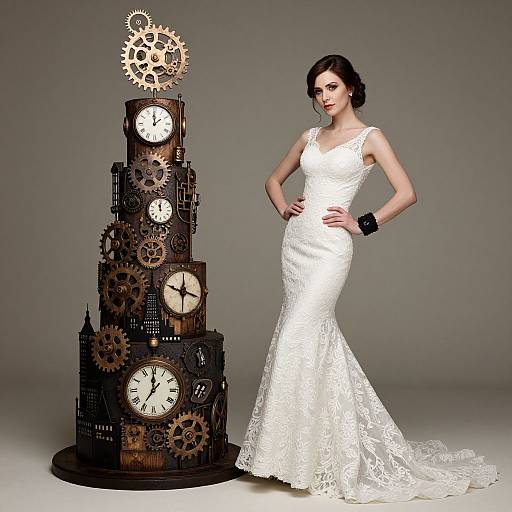 Photograph of a pale-skinned, dark-haired woman in a white lace mermaid-style wedding dress, standing beside a steampunk clock tower with
