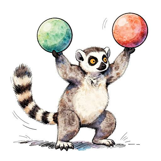 Whimsical Lemur Balancing Colorful Balls