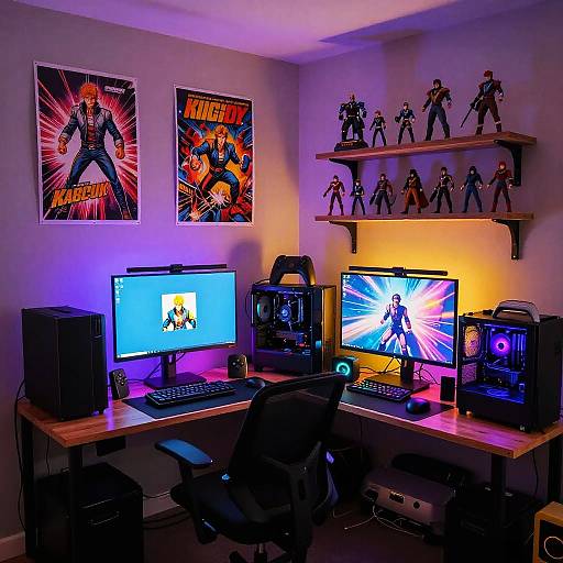 Vibrant gaming room photograph: dual monitors, colorful posters, action figures on shelves, black chair, wooden desk, neon lighting, computer tower.