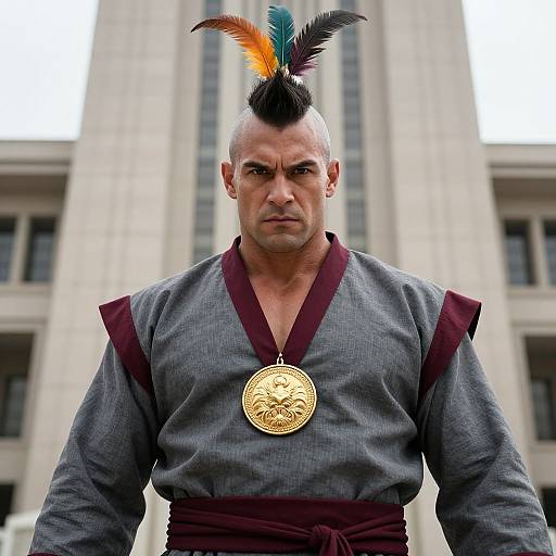 Muscular Man with Feathered Mohawk and Gold Medallion