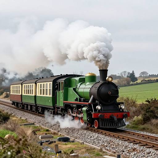 Photograph of a vintage green steam locomotive with white and cream carriages, emitting white smoke, traveling through a lush, green countryside.