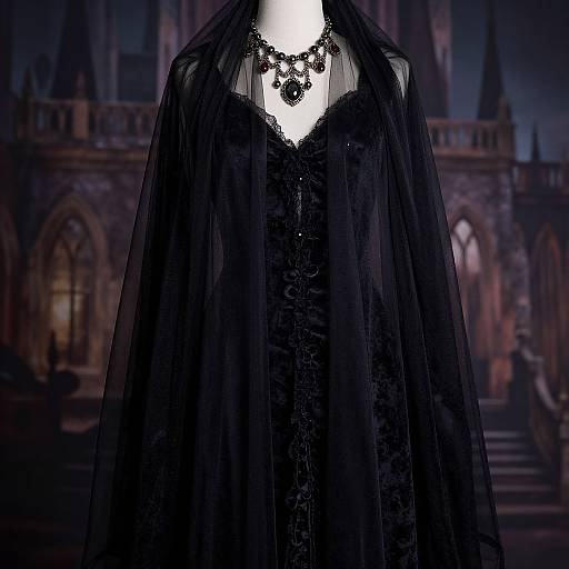 Gothic black lace dress with sheer veil, adorned with black floral necklace, set against a dark, gothic cathedral background.