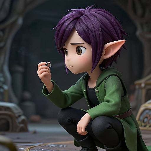 CGI image of a concerned, purple-haired, elf-like child with large ears, wearing a green jacket and black pants, examining a small object in