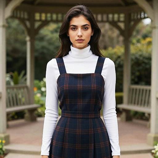 Photograph of a young woman with dark hair, wearing a white turtleneck and black plaid dress, standing in a garden gazebo.