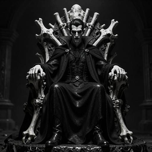 Photograph of a menacing figure in black robes, seated on a throne adorned with numerous skulls, in a dark, gothic setting.