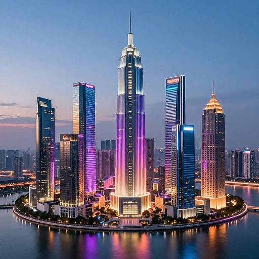 Photograph of a vibrant city skyline at dusk, featuring illuminated skyscrapers with neon blue, purple, and orange lights reflecting on a calm waterfront.