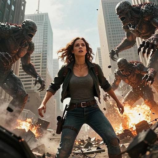 Photorealistic CGI of a determined brunette woman in a leather jacket and jeans, standing amid a fiery, urban battlefield, facing attacking, monstrous creatures.