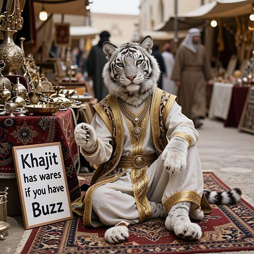 Photograph of a white tiger in ornate, gold-trimmed white robes, sitting on a patterned rug at a bustling market, with a