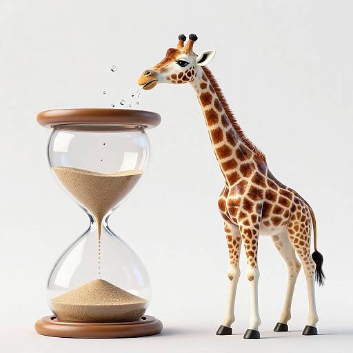 Digital illustration of a realistic giraffe with orange and brown patterns standing beside a wooden hourglass, with sand trickling.