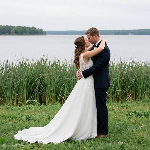 Tender Bridal Embrace by Lake