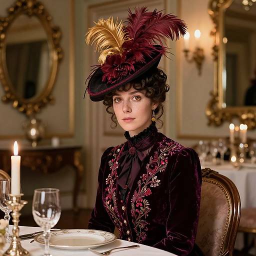 Photograph of a Victorian-era woman with dark curly hair, wearing a black floral dress and feathered hat, seated at an elegantly set table with