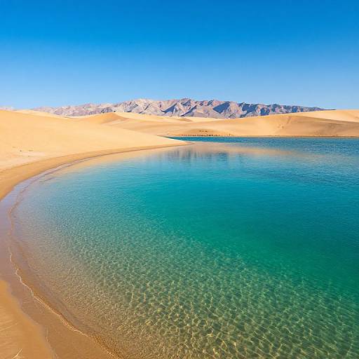 Aerial photograph of a serene, clear turquoise lake surrounded by golden sand dunes, with a backdrop of rugged, sunlit mountains under a vibrant blue