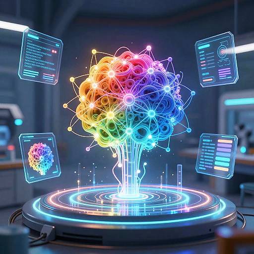 Digital CGI of a vibrant, neon-colored, spherical network of interconnected lines with glowing nodes, floating above a circular, illuminated platform in a futuristic laboratory.