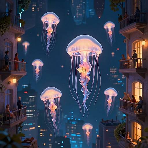 Photograph-style digital artwork of glowing jellyfish floating above a nighttime cityscape with lit balconies and people gazing upward.