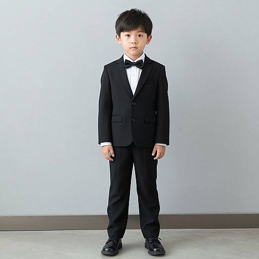Photograph of a young Asian boy in a black tuxedo with a white shirt and black bow tie, standing against a plain white wall, looking