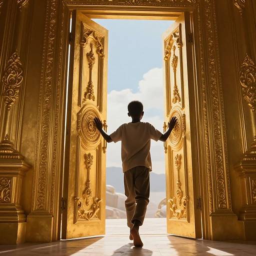 Silhouetted child in white shirt and pants, opens ornate golden doors, sunlight streams in, revealing bright blue sky. Photograph.