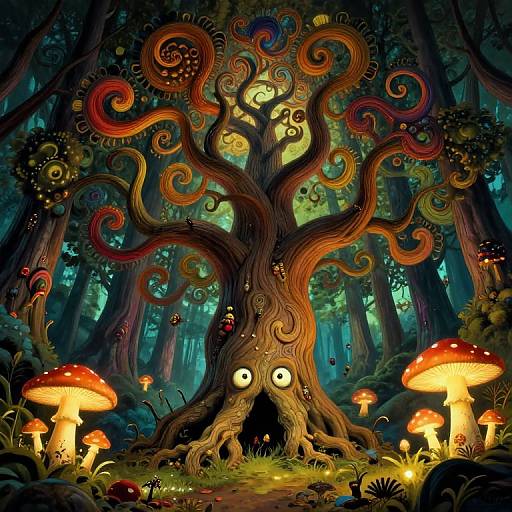 Whimsical digital illustration of a twisted, glowing forest tree with swirling branches, large eyes, and vibrant mushrooms under a moonlit canopy.