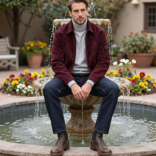 Photograph of a serious, brown-haired man in a maroon jacket, grey turtleneck, and dark jeans, sitting on a fountain with water