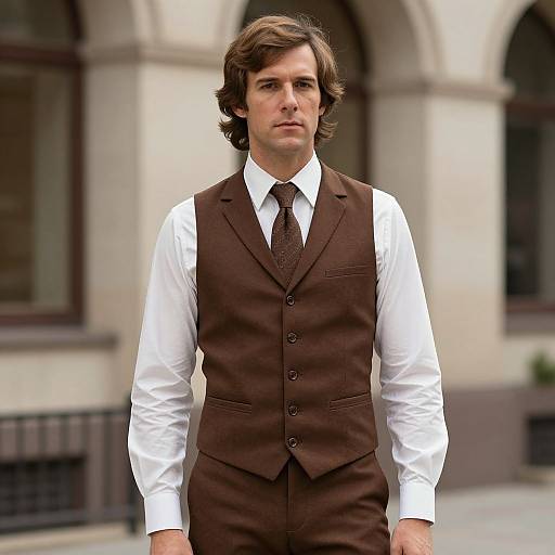 Photograph of a serious, brown-haired man in a brown vest, white shirt, and tie, standing in front of a blurred, arched building