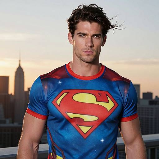 Photograph of a muscular, handsome man with dark hair, wearing a blue Superman shirt with red and yellow 