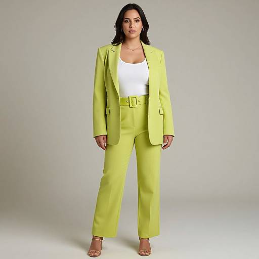 Photograph of a woman with medium skin tone, black hair, wearing a lime green blazer, white top, matching high-waisted pants,
