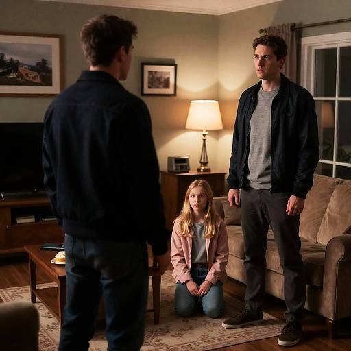 Tense Encounter in Dim Living Room