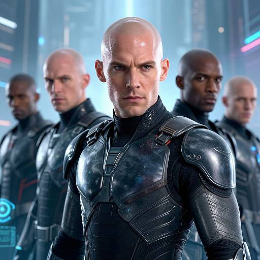 Photograph of bald, muscular men in futuristic black armored suits standing in a neon-lit, sci-fi cityscape, with a focused leader in the