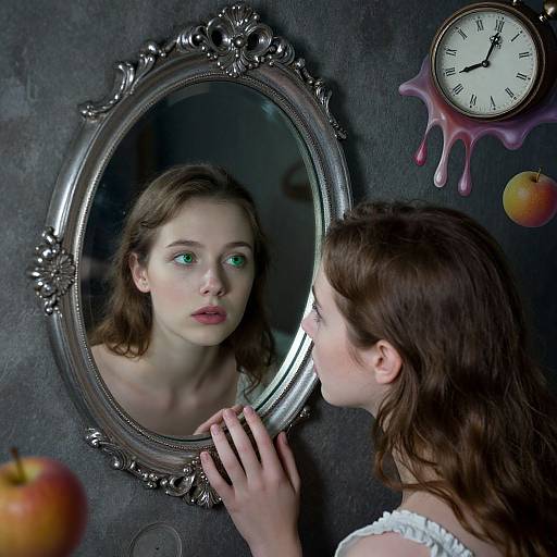 Photograph of a fair-skinned woman with green eyes, brown hair, and red lips, gazing into an ornate, oval mirror, with