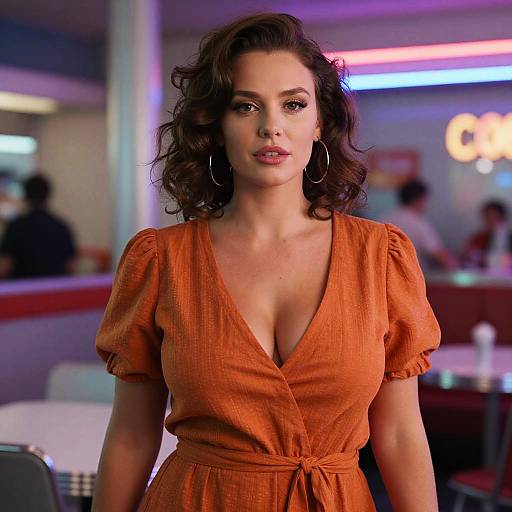 Photograph of a curvy woman with wavy brown hair, wearing a low-cut, orange dress, large hoop earrings, standing in a retro diner
