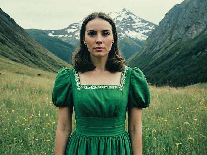 Photograph of a young woman with fair skin and brown hair, wearing a green dress with puffed sleeves, standing in a grassy meadow with