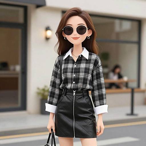 Chic Woman in Plaid and Leather