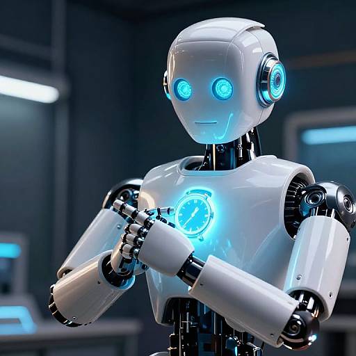 Photorealistic CGI of a white, glowing blue-eyed robotic humanoid with luminous blue chest light, standing in a dark, futuristic lab.