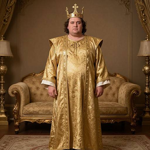 Photograph of a man with long brown hair wearing a gold, ornate robe and crown, standing in an opulent, vintage room with a beige