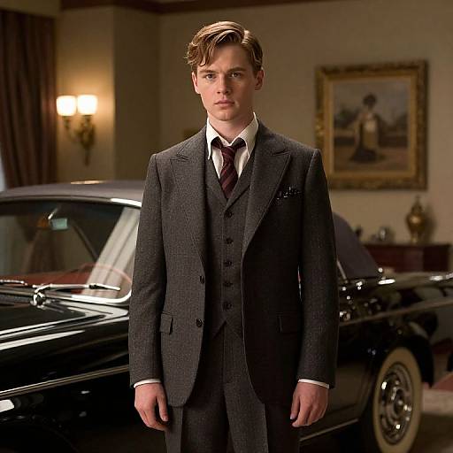 Photograph of a young man with fair skin and brown hair, wearing a dark gray three-piece suit, standing in front of a black vintage car in