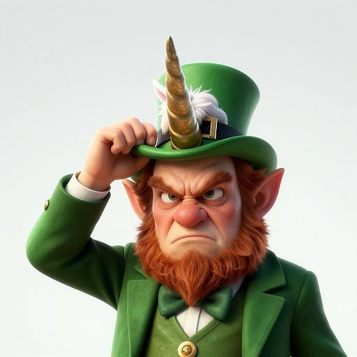Digital CGI of an angry, red-bearded, horned leprechaun adjusting his green top hat, wearing a green coat and bowtie,