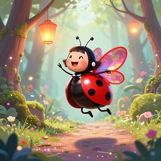 Joyful Ladybug Girl in Dreamy Forest