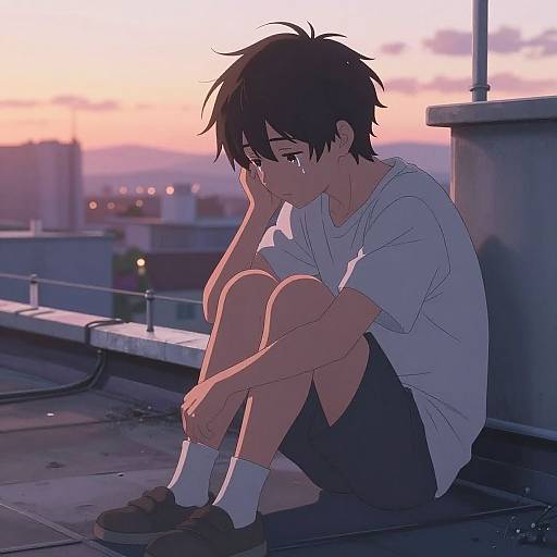 Anime-style digital drawing: Sad teenage boy with messy black hair, wearing white t-shirt and black shorts, sits on rooftop at sunset, hand on cheek