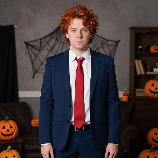 Photograph of a fair-skinned, red-haired man in a black suit, white shirt, and red tie, standing in a Halloween-themed room with