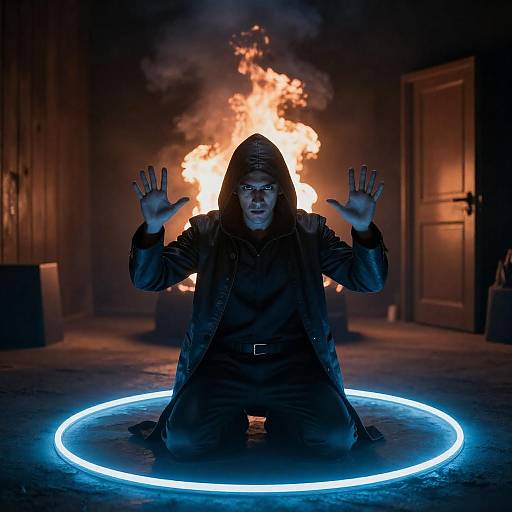 Man in Hooded Coat Kneeling in Glowing Circle with Fire Behind